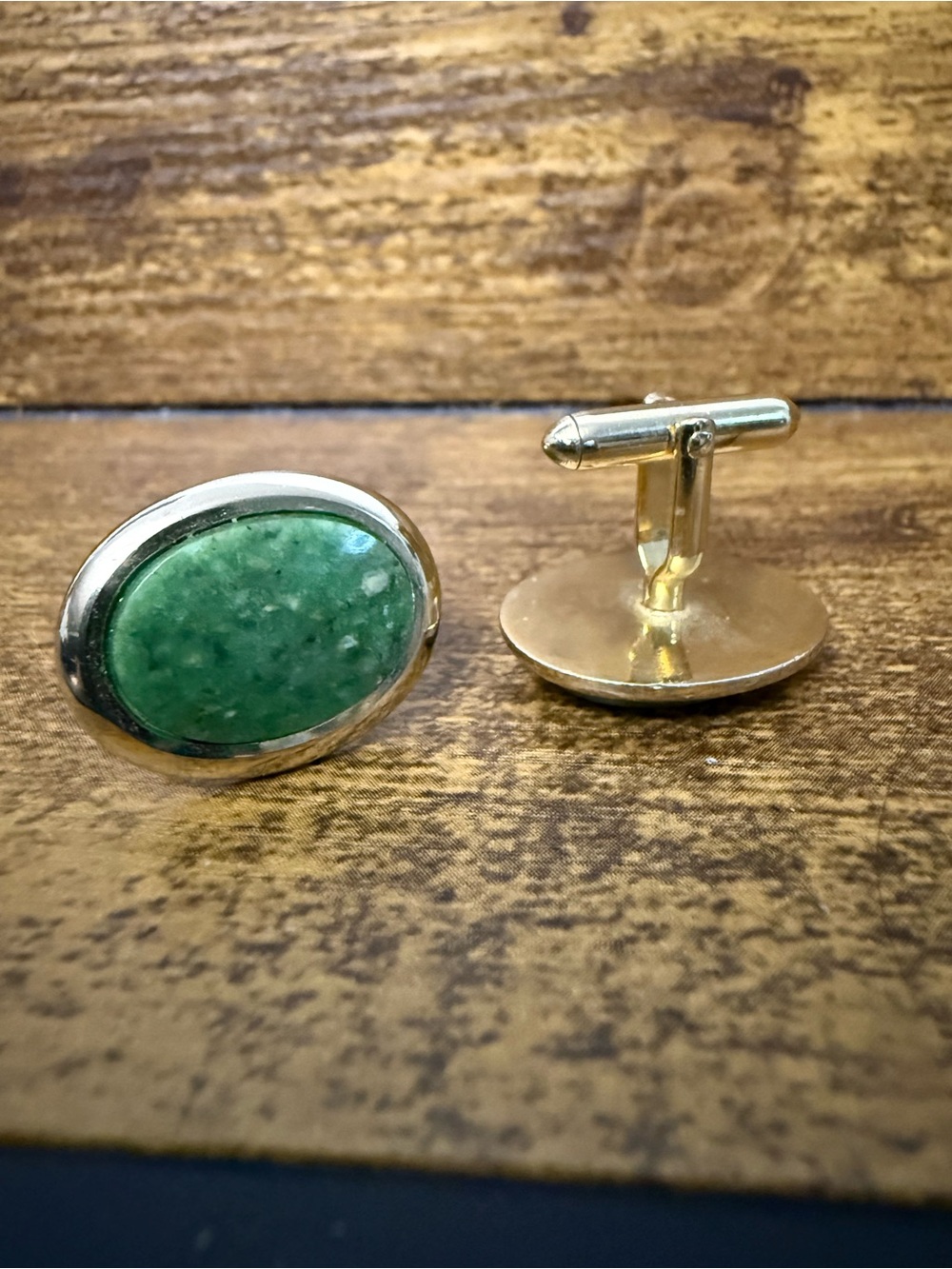 Gold-Tone Cufflinks with Green Stone Inlay
